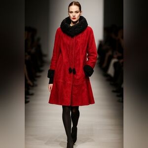 Vintage Red Suede Coat with Black Fur Trim Women’s Winter Jacket Size 40